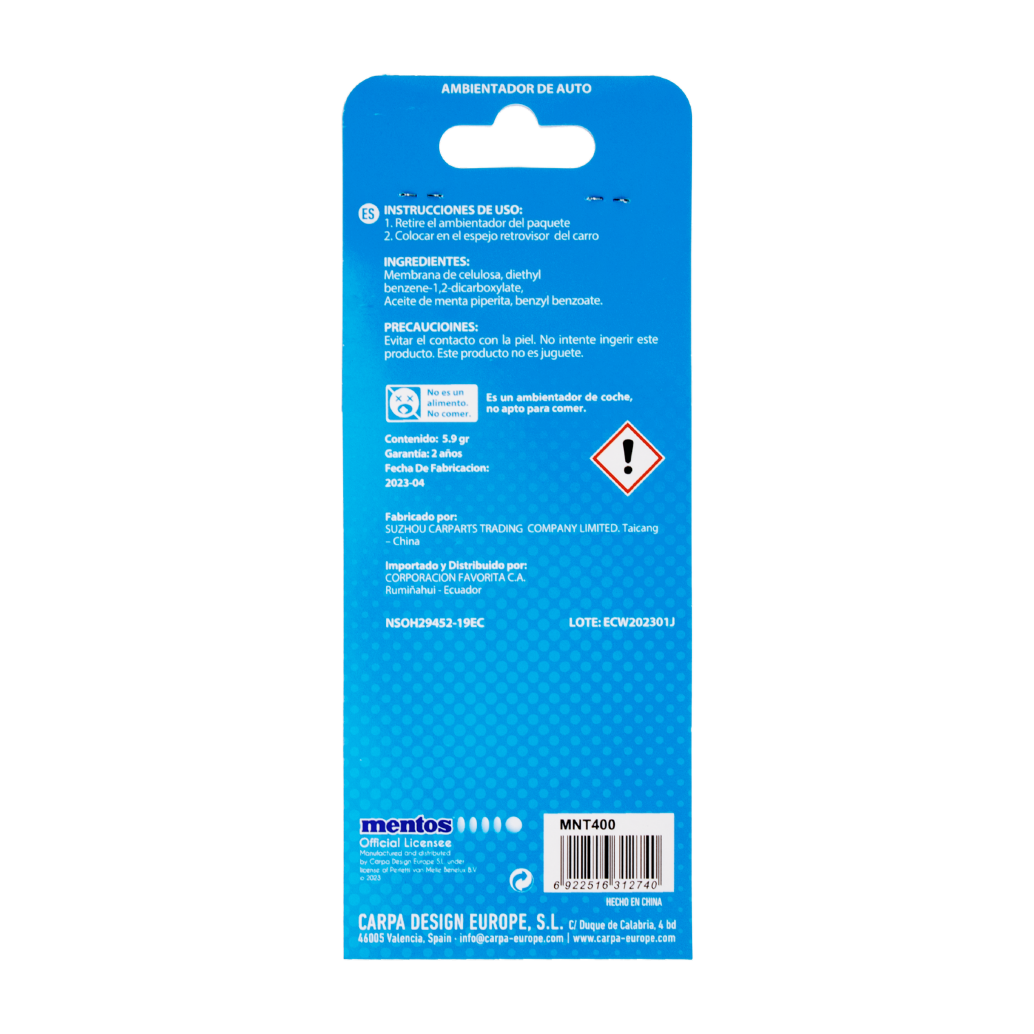 Ambiental Para Auto Papel Fragancia Menta MENTOS 5.9 G