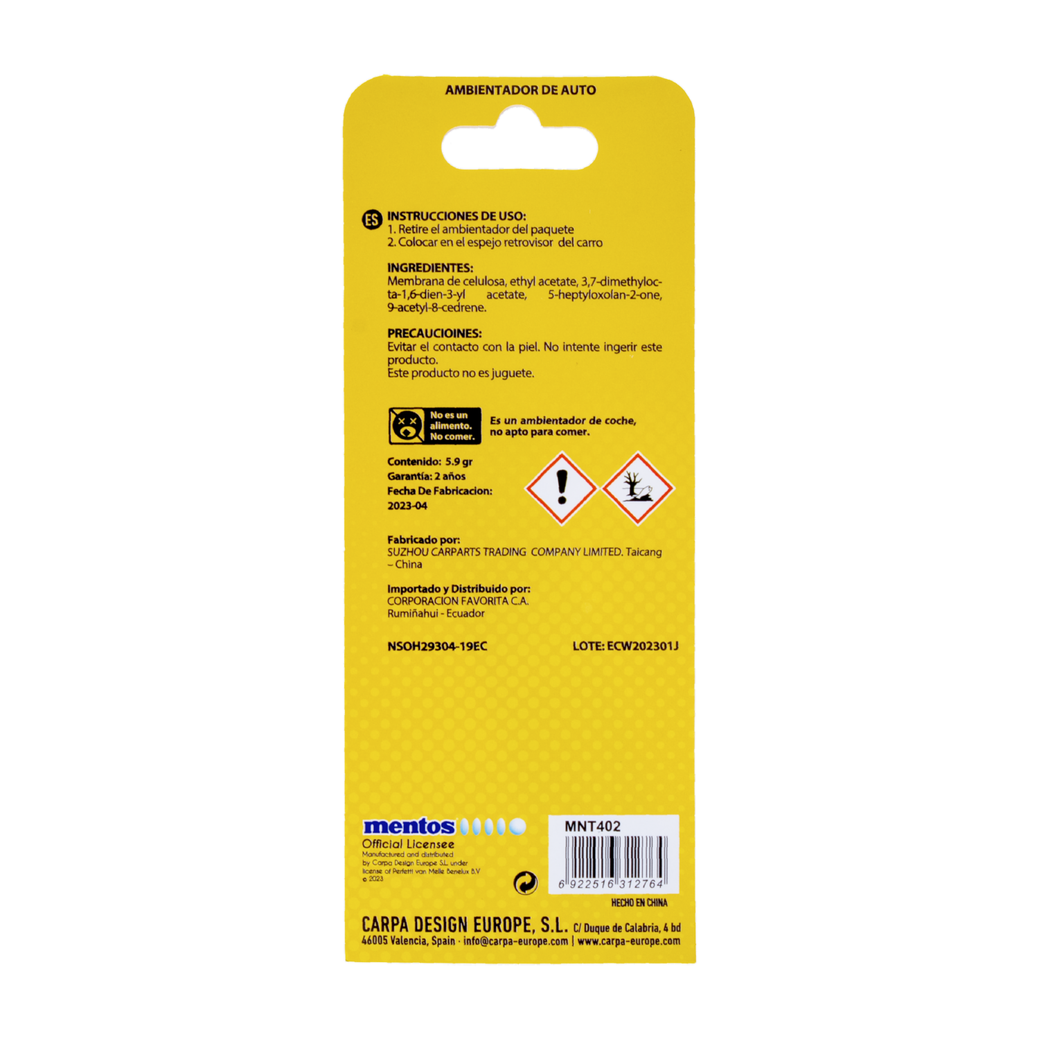 Ambiental Para Auto Papel Fragancia Arco Iris MENTOS 5.9 G