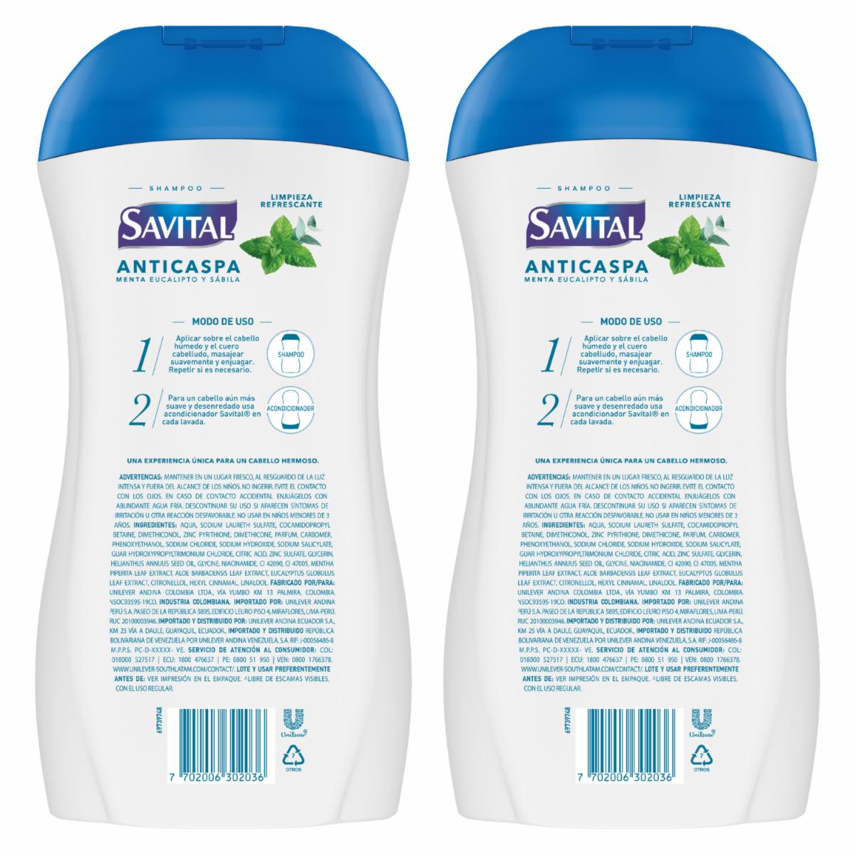 Shampoo De Cabello Anticaspa Menta Y Eucalipto Pack SAVITAL 2 X 510 Ml