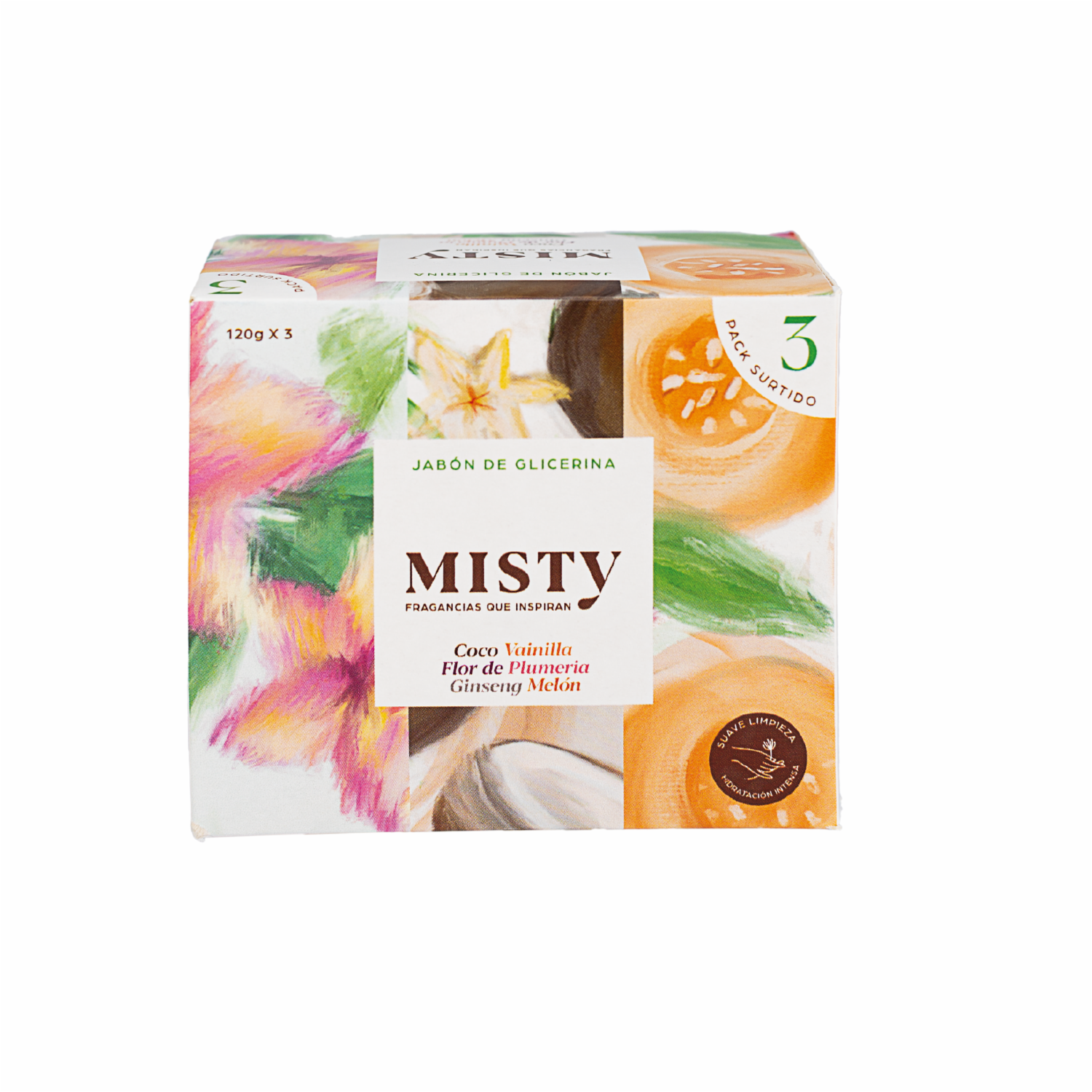 Jabón En Barra Flor Plumería – Coco Vainilla – Ginseng Melón MISTY Pack X3 X 120 G