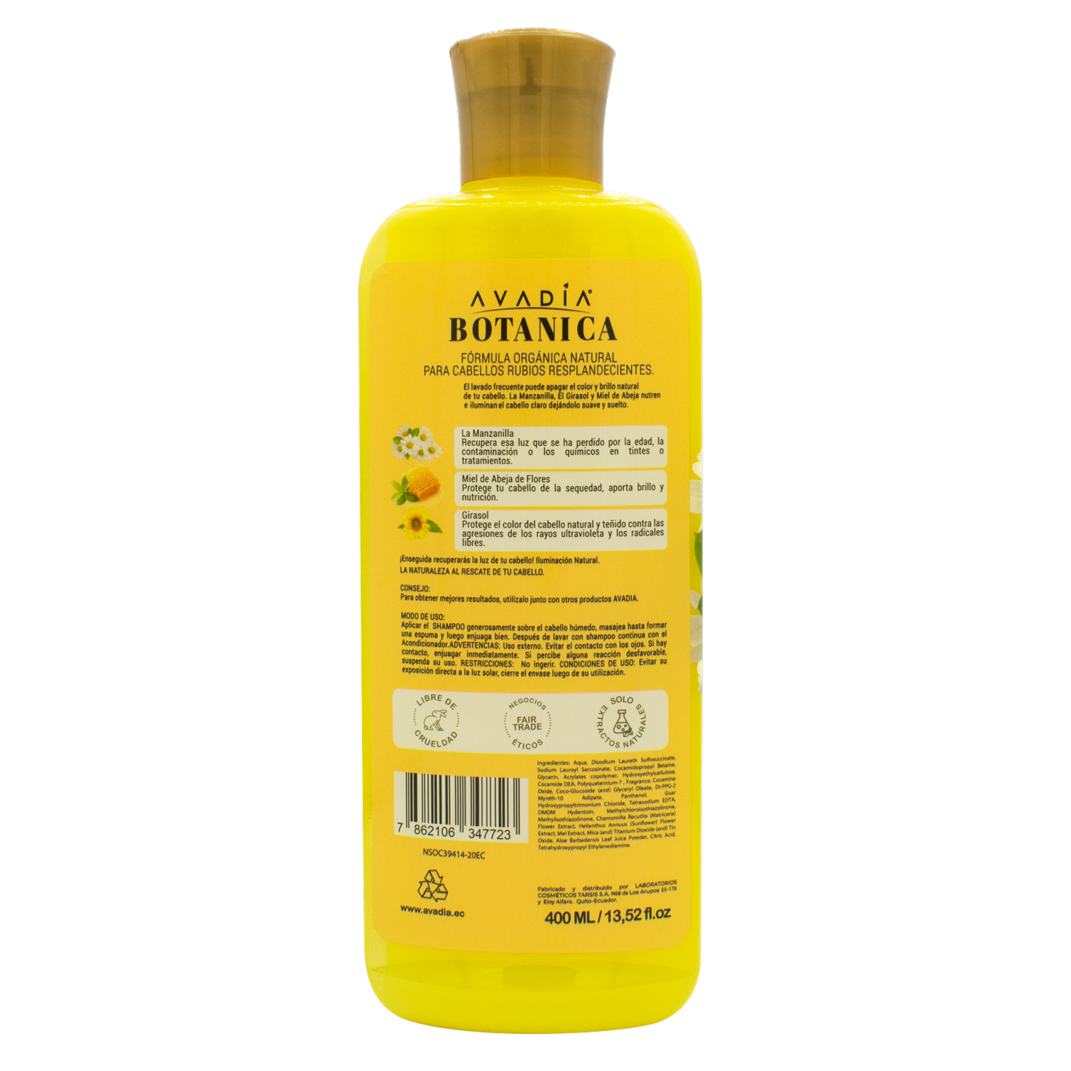 Shampoo De Cabello Botánica Manzanilla Miel Y Girasol AVADÍA 400 Ml