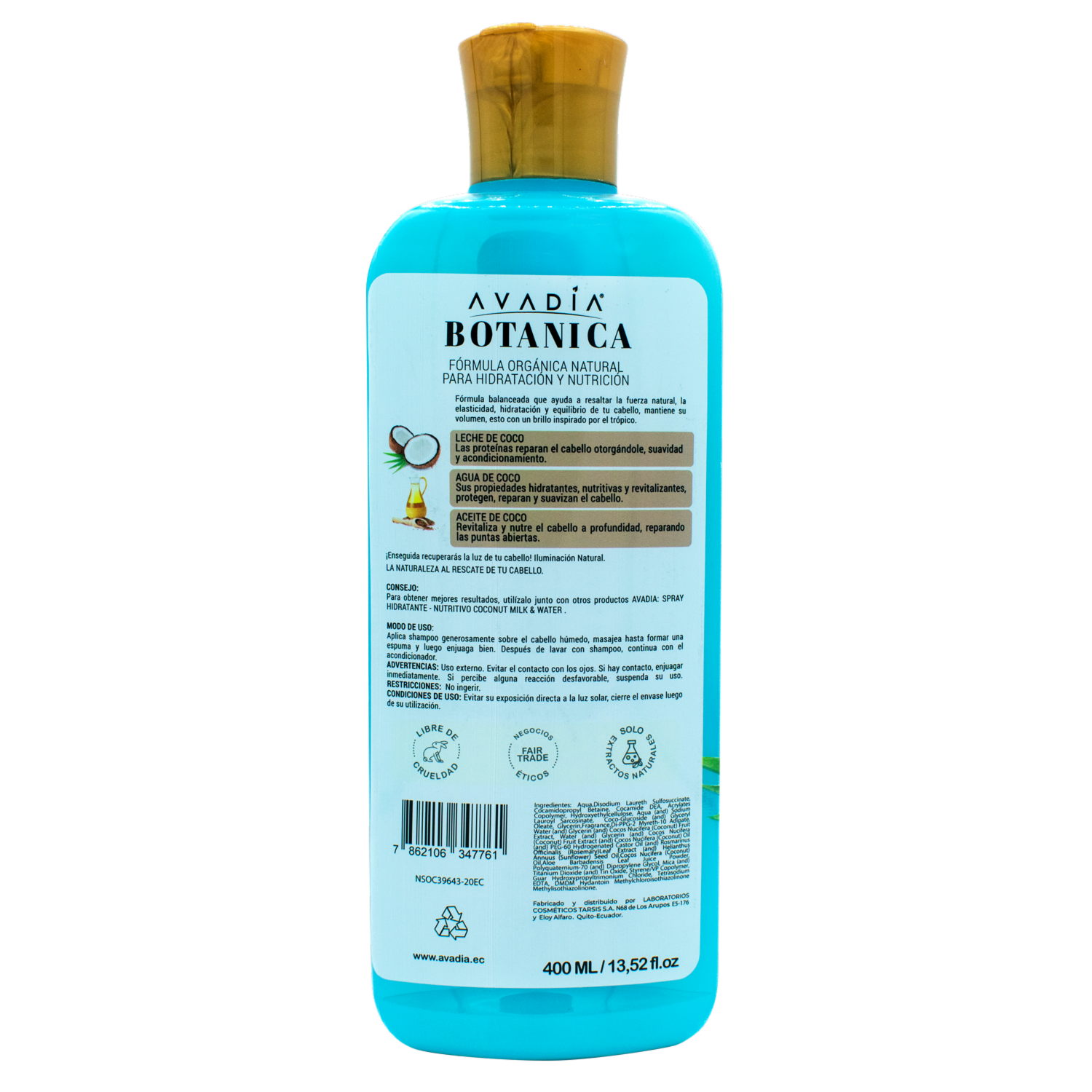 Shampoo De Cabello Botánica Coconut Milk & Water AVADÍA 400 Ml