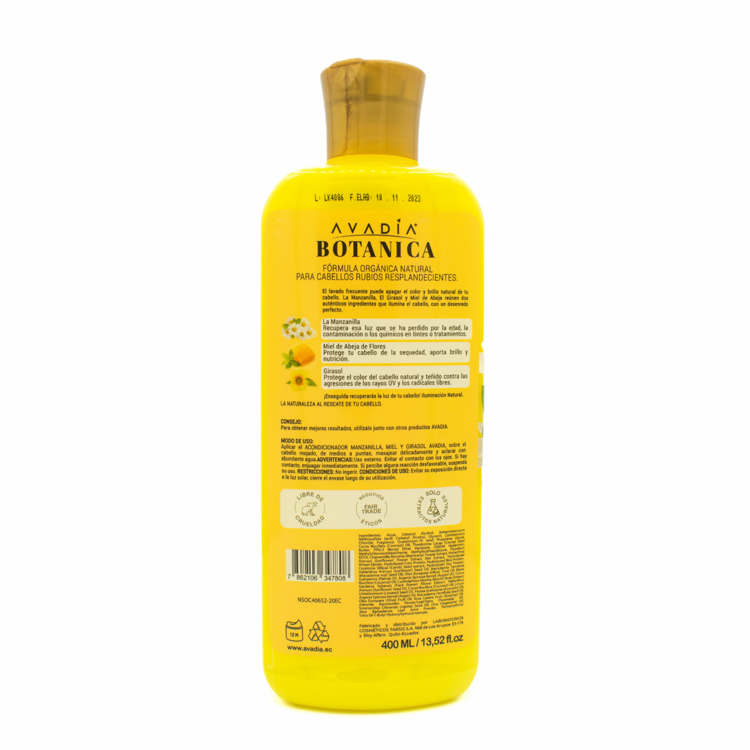 Acondicionador De Cabello Botánica Manzanilla Miel Y Girasol Iluminador Rubio Resplandeciente AVADÍA 400 Ml