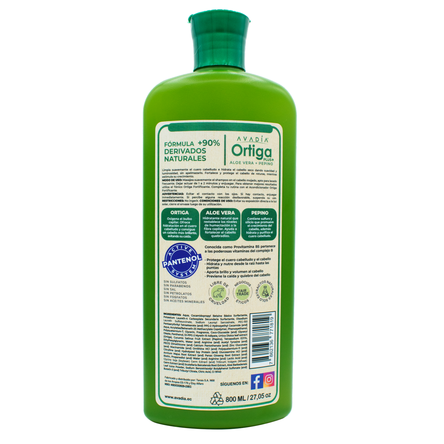 Shampoo De Cabello Ortiga Plus Anticaída Hidratante Aloe Vera Y Pepino AVADÍA 800 Ml