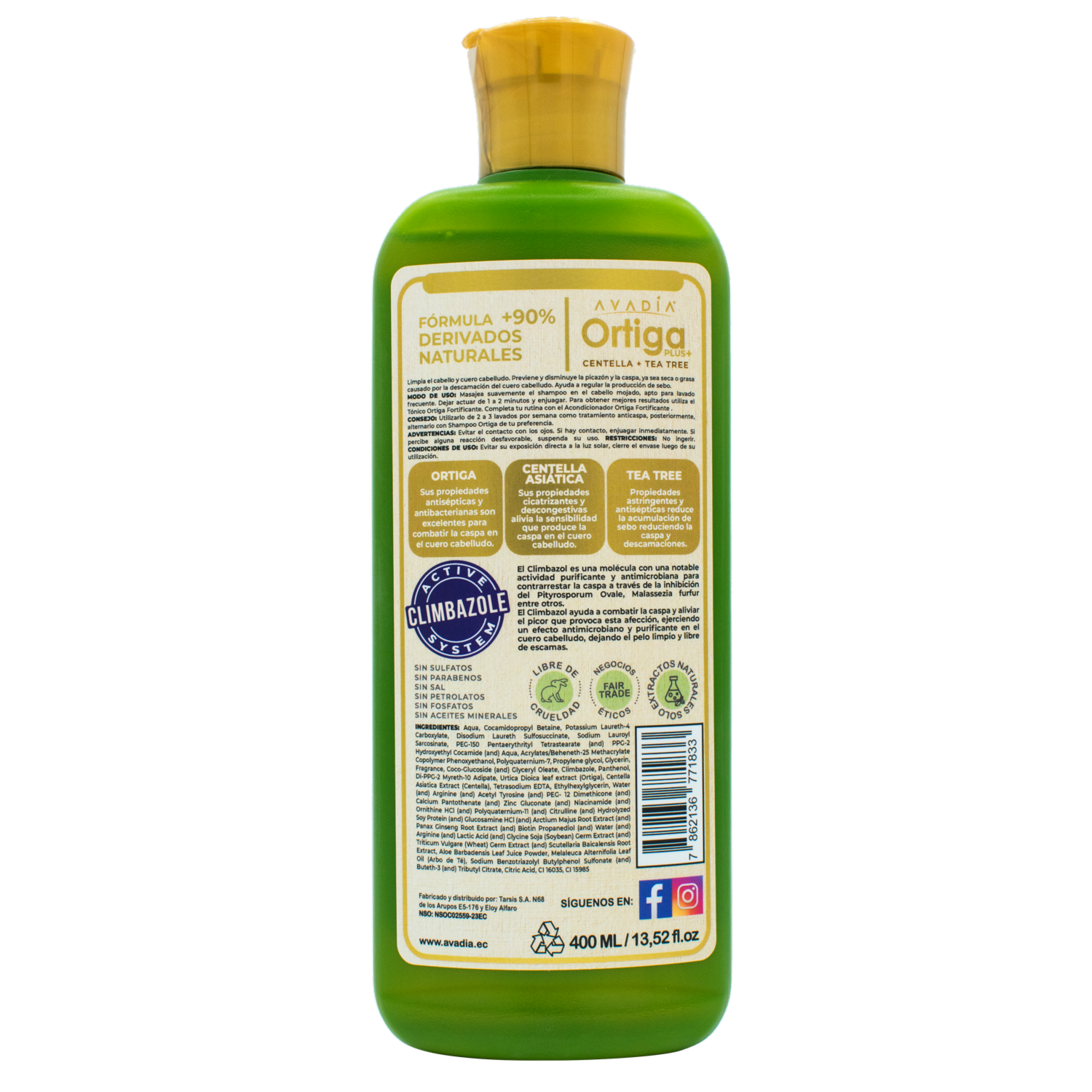 Shampoo De Cabello Ortiga Plus Anticaída Caspa Centella Y Tea Tree AVADÍA 400 Ml