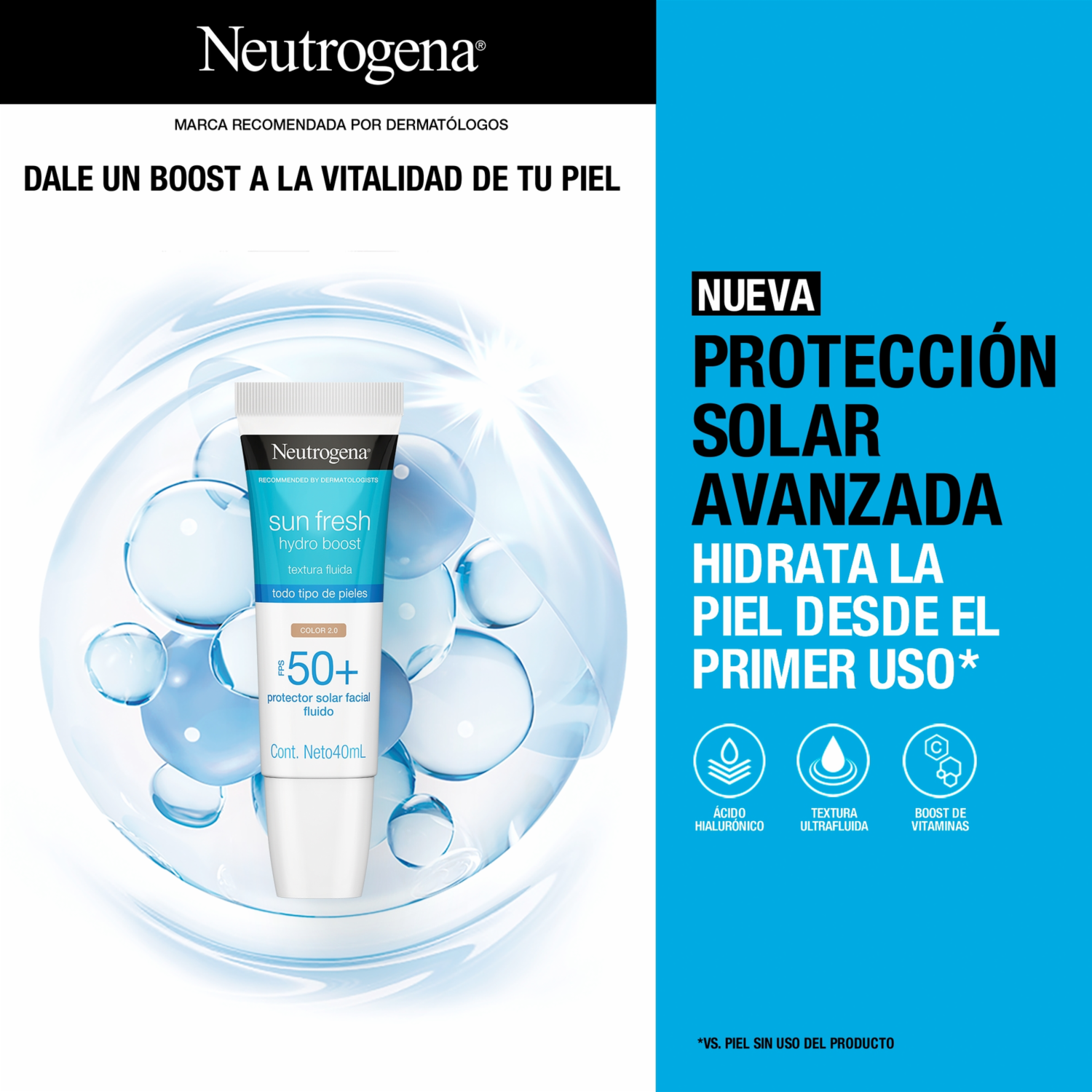 Protector Solar Facial Hydro Boost Ácido Hialurónico Color 2.0 Fps 50+ Sun Fresh NEUTROGENA 40 Ml