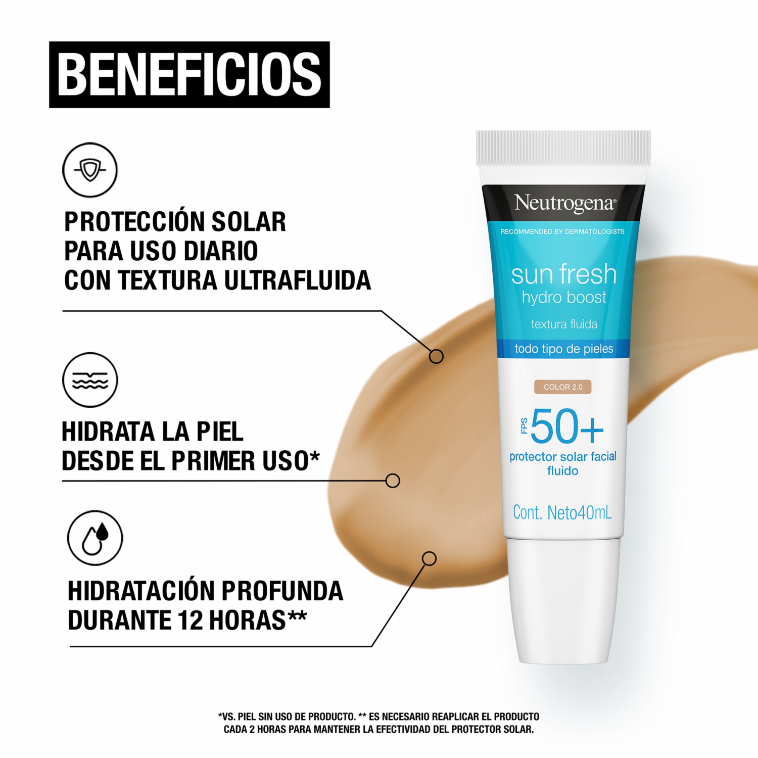 Protector Solar Facial Hydro Boost Ácido Hialurónico Color 2.0 Fps 50+ Sun Fresh NEUTROGENA 40 Ml