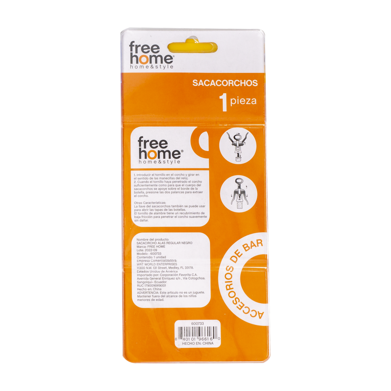 Sacacorcho Con Alas Regular Negro FREE HOME 16 Cm