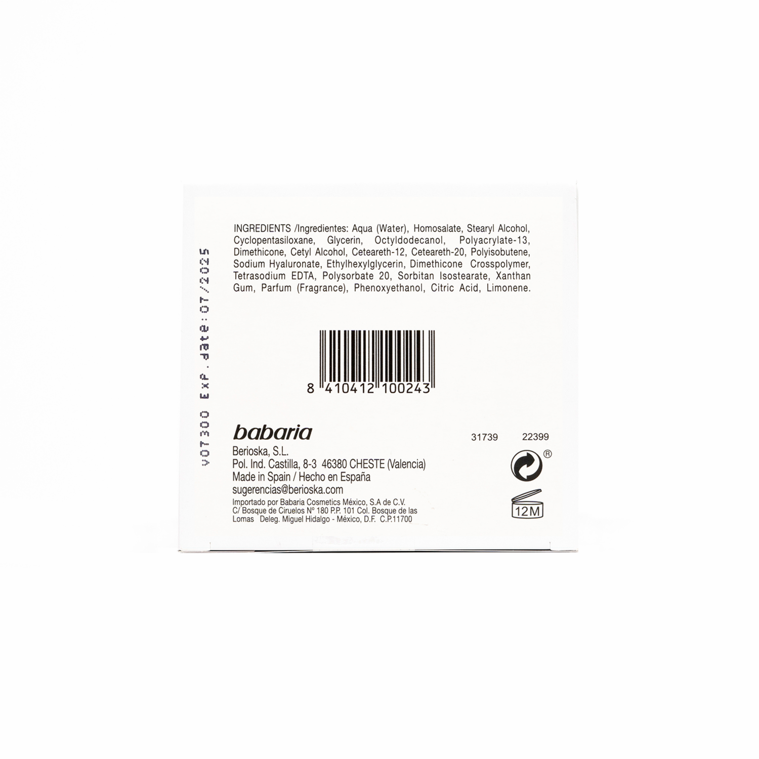 Crema Facial Con Ácido Hialurónico Día Y Noche BABARIA 50 Ml