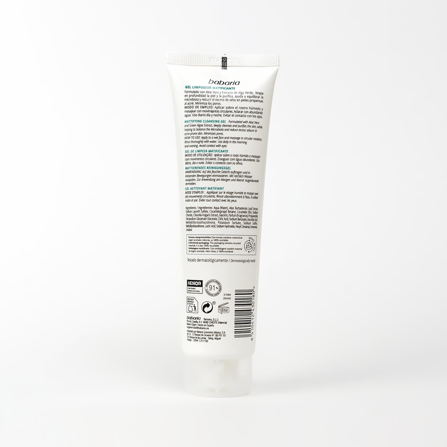 Limpiador Facial En Gel Matificante Con Aloe Vera Y Alga Verde BABARIA 150 Ml