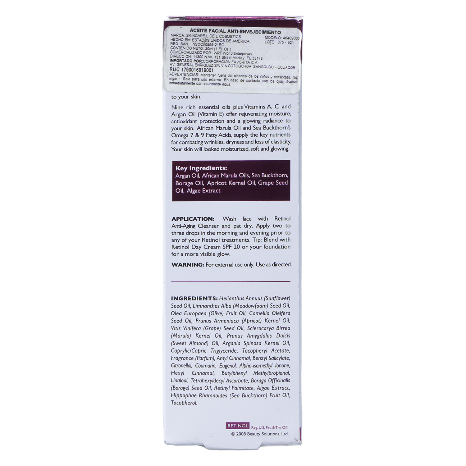 Sérum Facial Anti-Aging Facial Oil RETINOL 30 Ml
