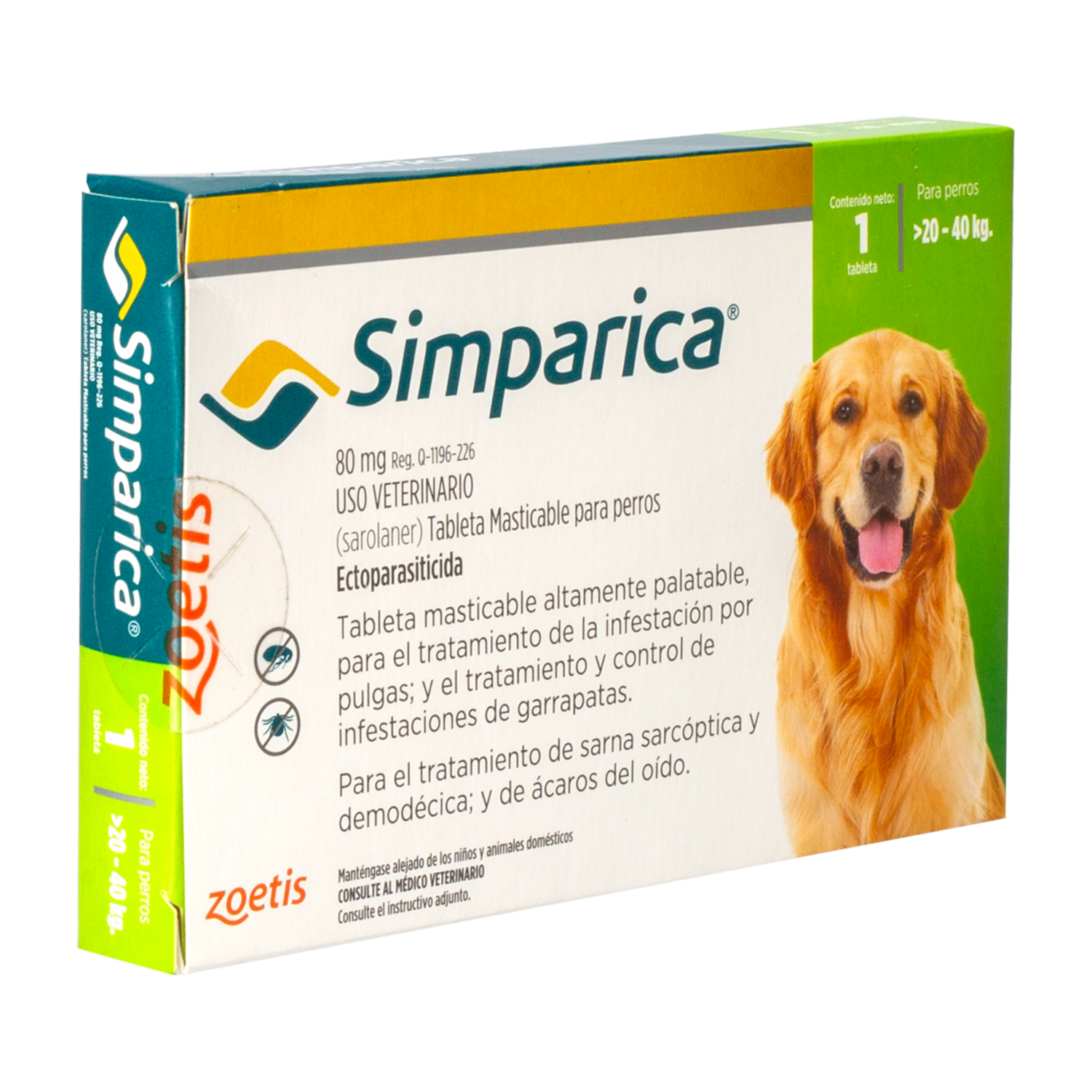 Tableta Antipulgas Para Perros De 20 A 40 Kg SIMPARICA 80 Mg