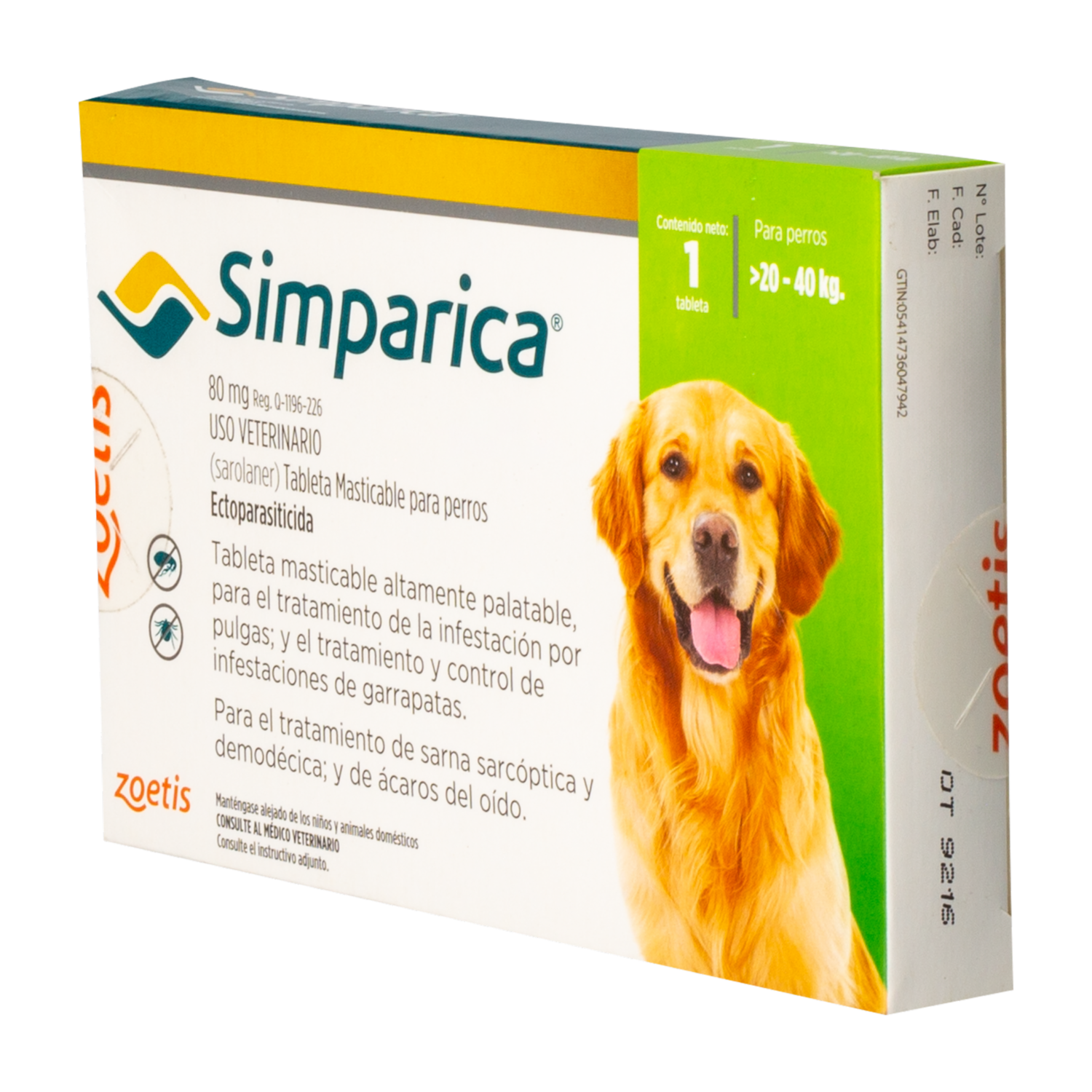 Tableta Antipulgas Para Perros De 20 A 40 Kg SIMPARICA 80 Mg