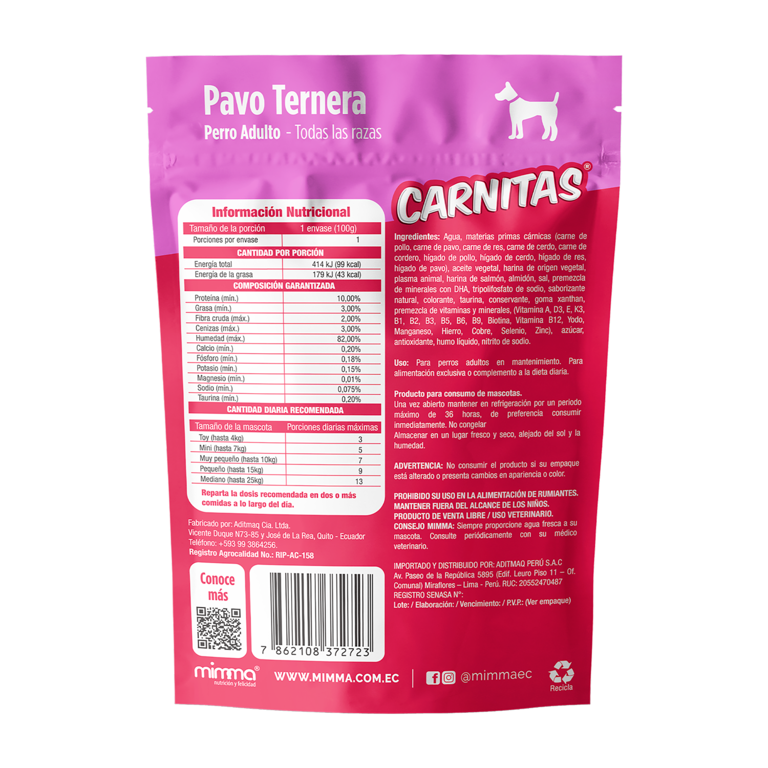 Alimento Húmedo Para Perros Adultos Todas Las Razas Trocitos En Salsa Pavo Ternera CARNITAS 100 G