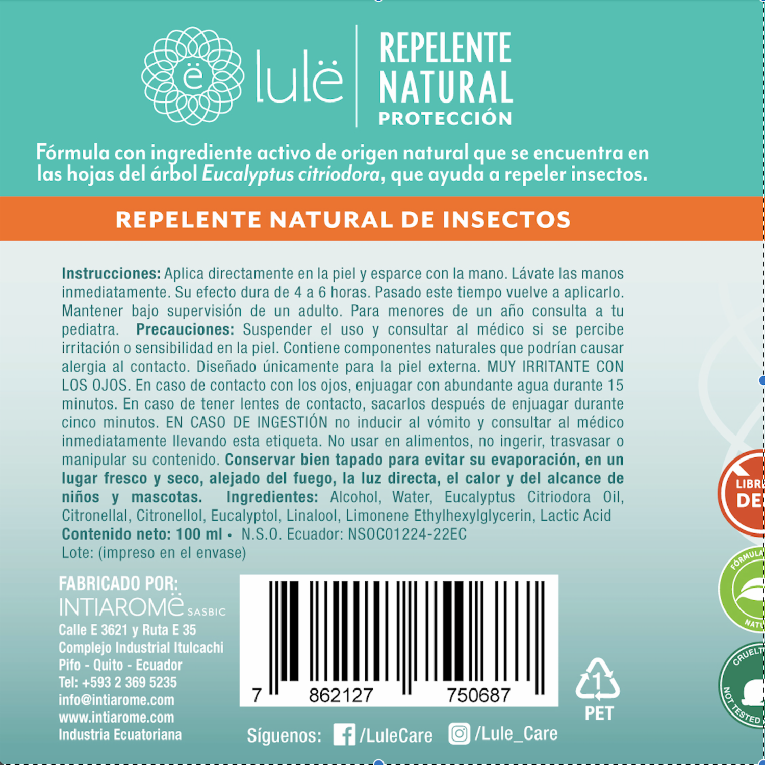 Repelente De Insectos Natural LULË 100 Ml
