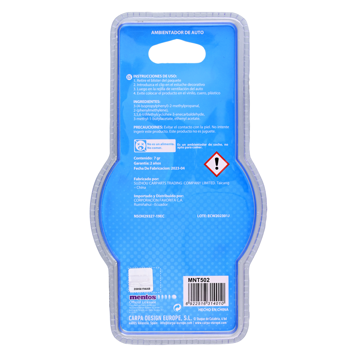 Ambiental Para Auto Fragancia Menta MENTOS 7 G