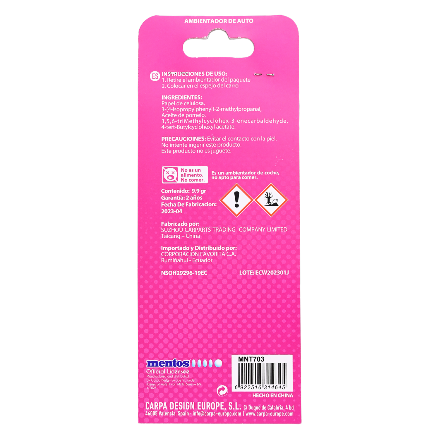 Ambiental Para Auto Papel Fragancia Frutas MENTOS 9,9 G