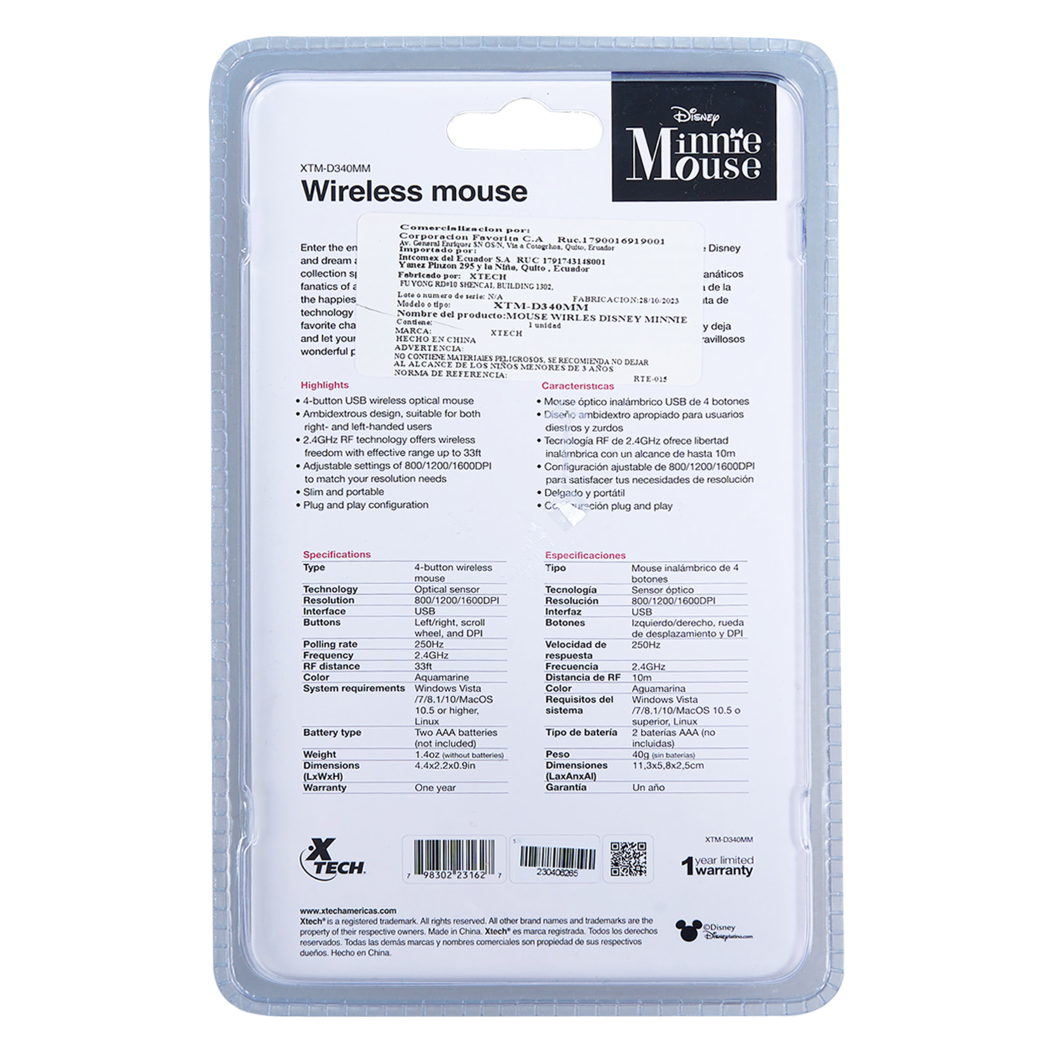 Mouse Óptico De 4 Botones Diseño Minnie XTECH Wireless