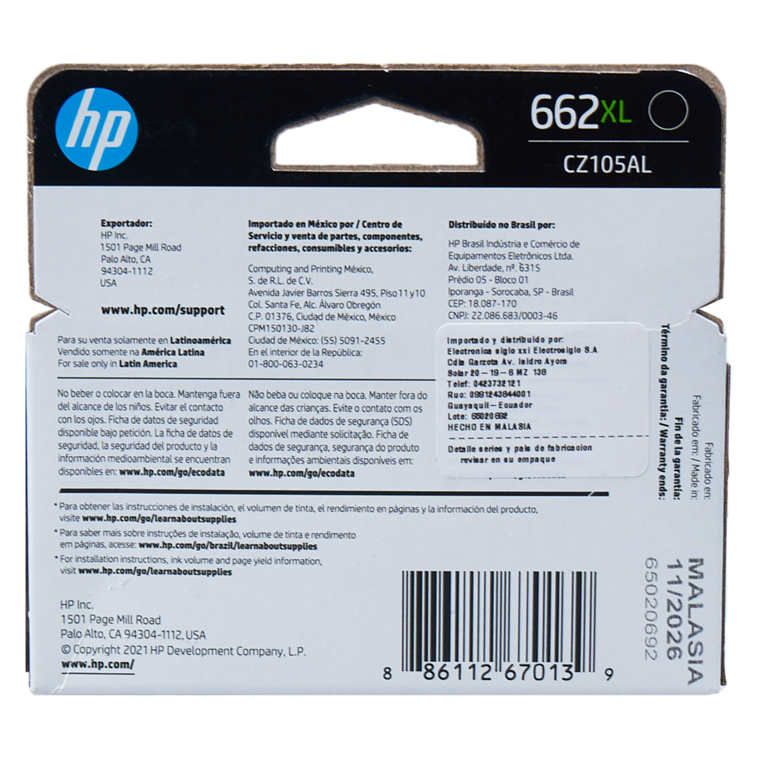 Tinta Para Impresora Ink Advantage 662 Xl HP Negro