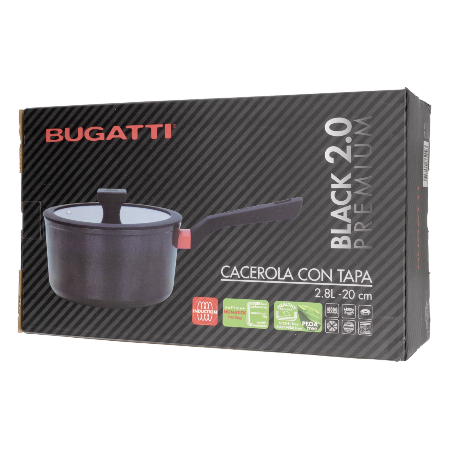 Cacerola Inducción Con Tapa De Vidrio 2,8 L BUGATTI 20 Cm