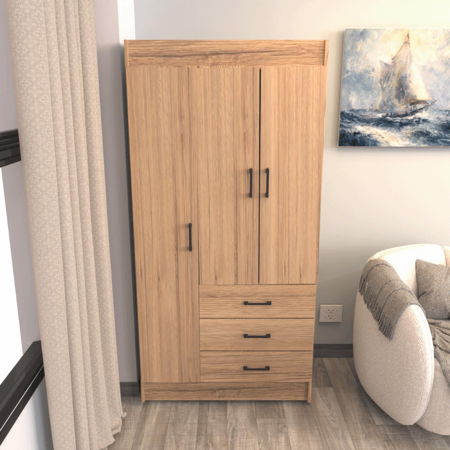 Armario Neo 3 Puertas Con 3 Cajones Inferiores Color Nuez MUEBLE FÁCIL MDP