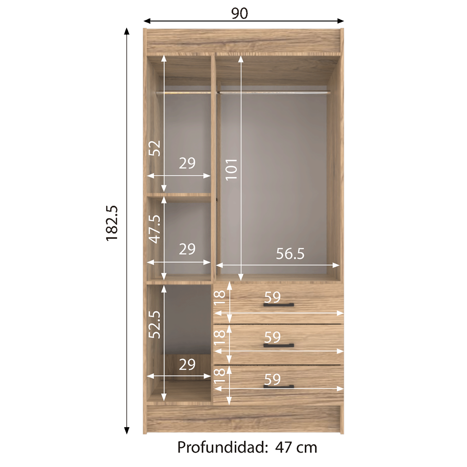 Armario Neo 3 Puertas Con 3 Cajones Inferiores Color Nuez MUEBLE FÁCIL MDP