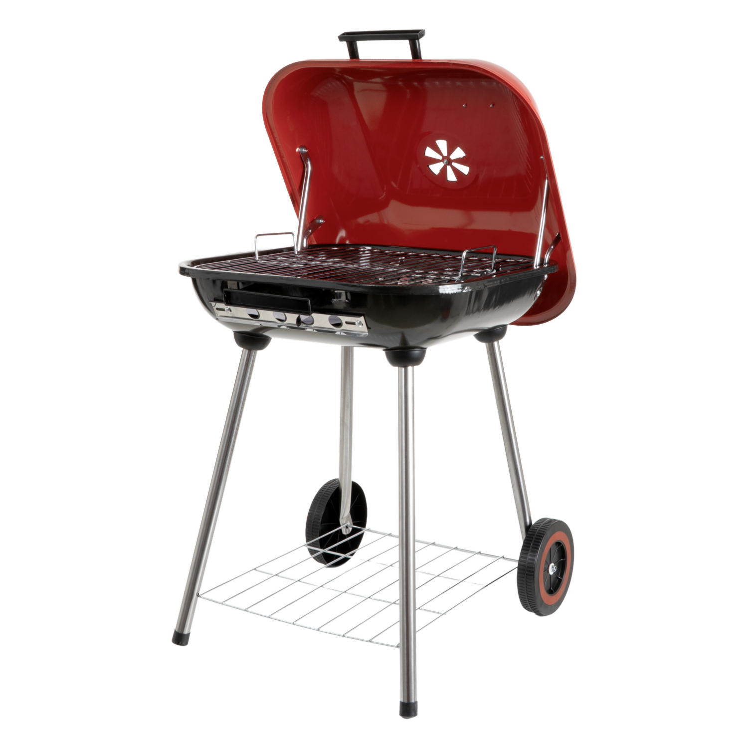 Parrilla BBQ Negro Y Rojo Cuadrada Con Tapas Y Ruedas SMOCKER JOB 47X47X10 Cm