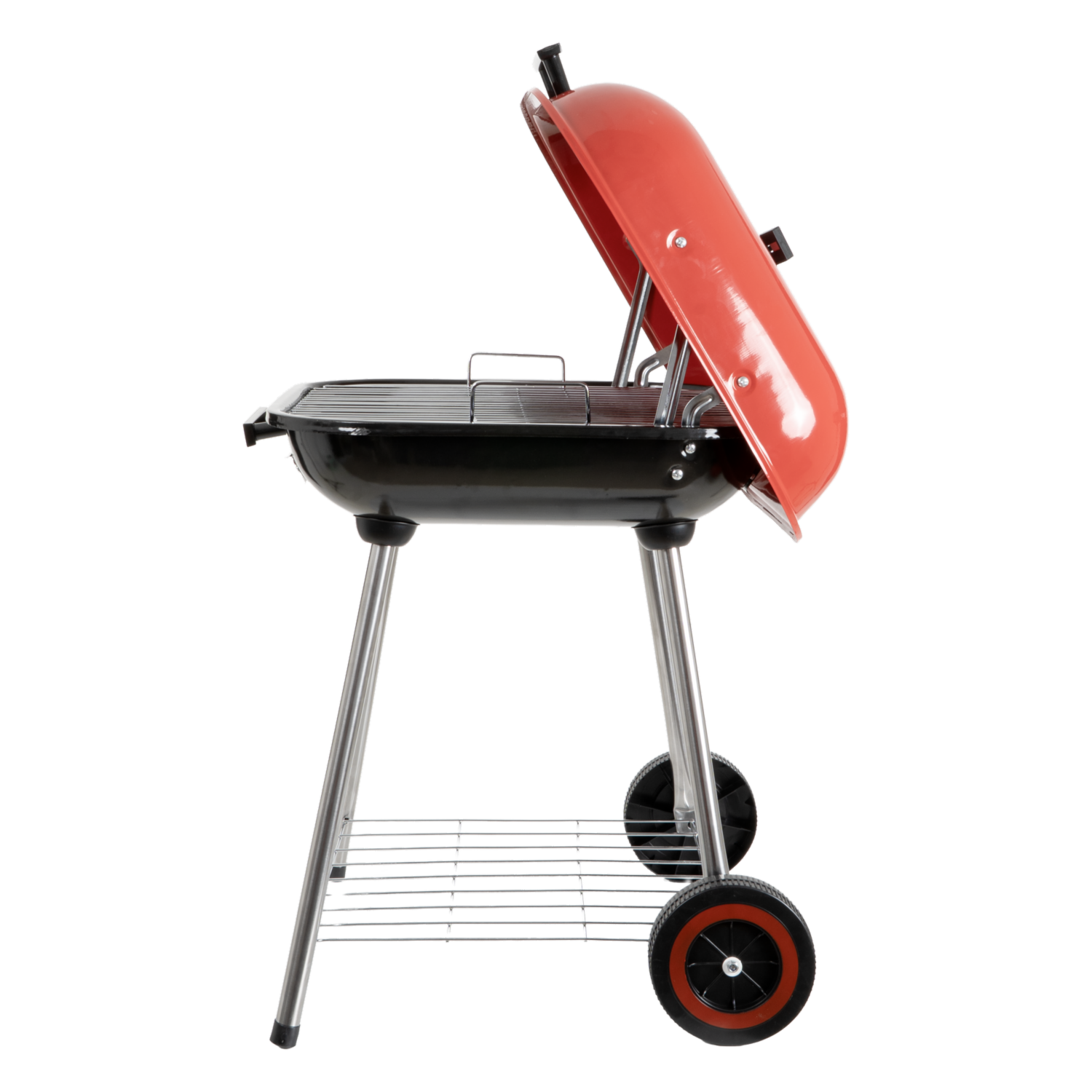 Parrilla BBQ Negro Y Rojo Cuadrada Con Tapas Y Ruedas SMOCKER JOB 47X47X10 Cm