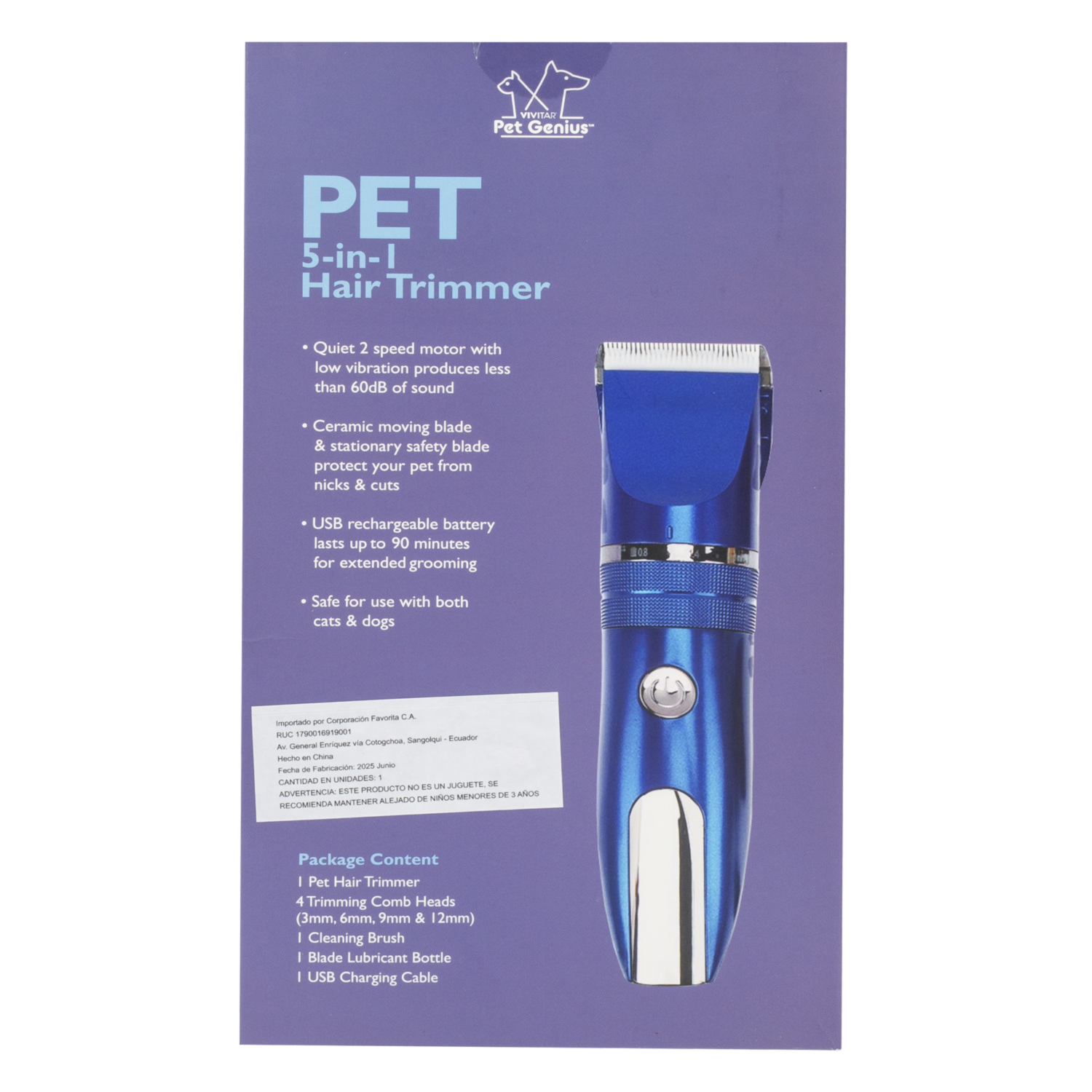 Recortador De Pelo Inalámbrica 5 En 1 PET GENIUS Unidad