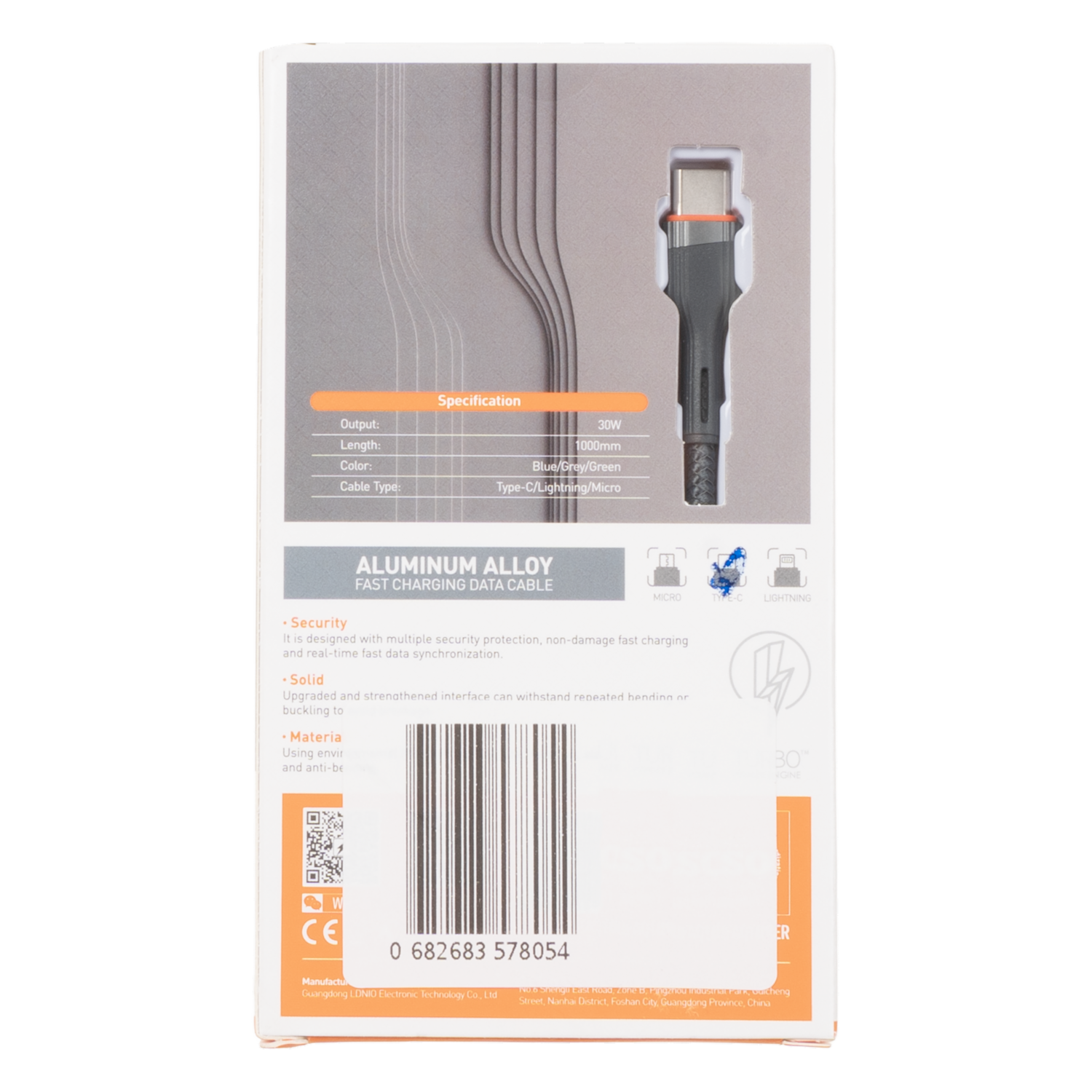 Cable De Carga Rápida Tipo C Tela Gris Ls641 LDNIO 30 W