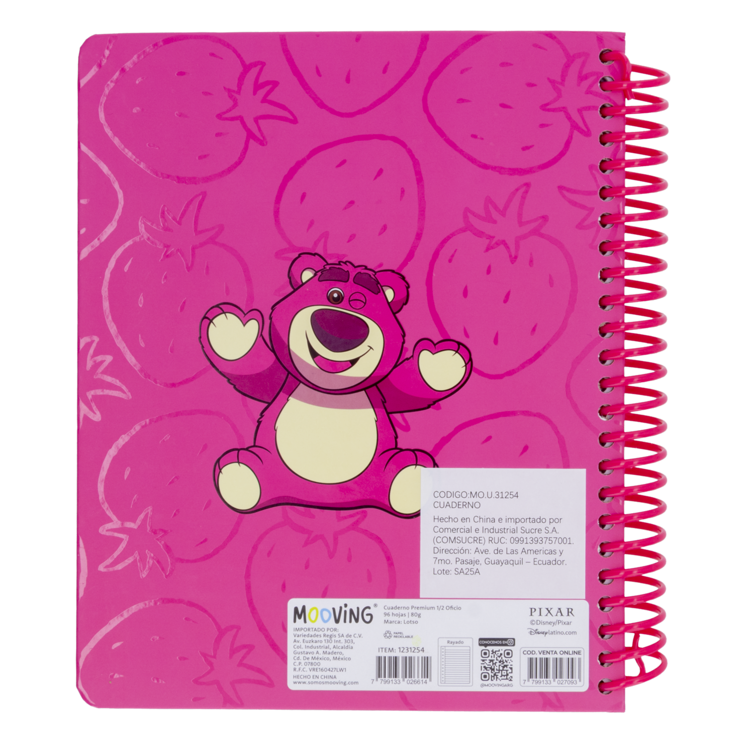 Libreta A5 Lotso Cuadros DISNEY 96 Hojas