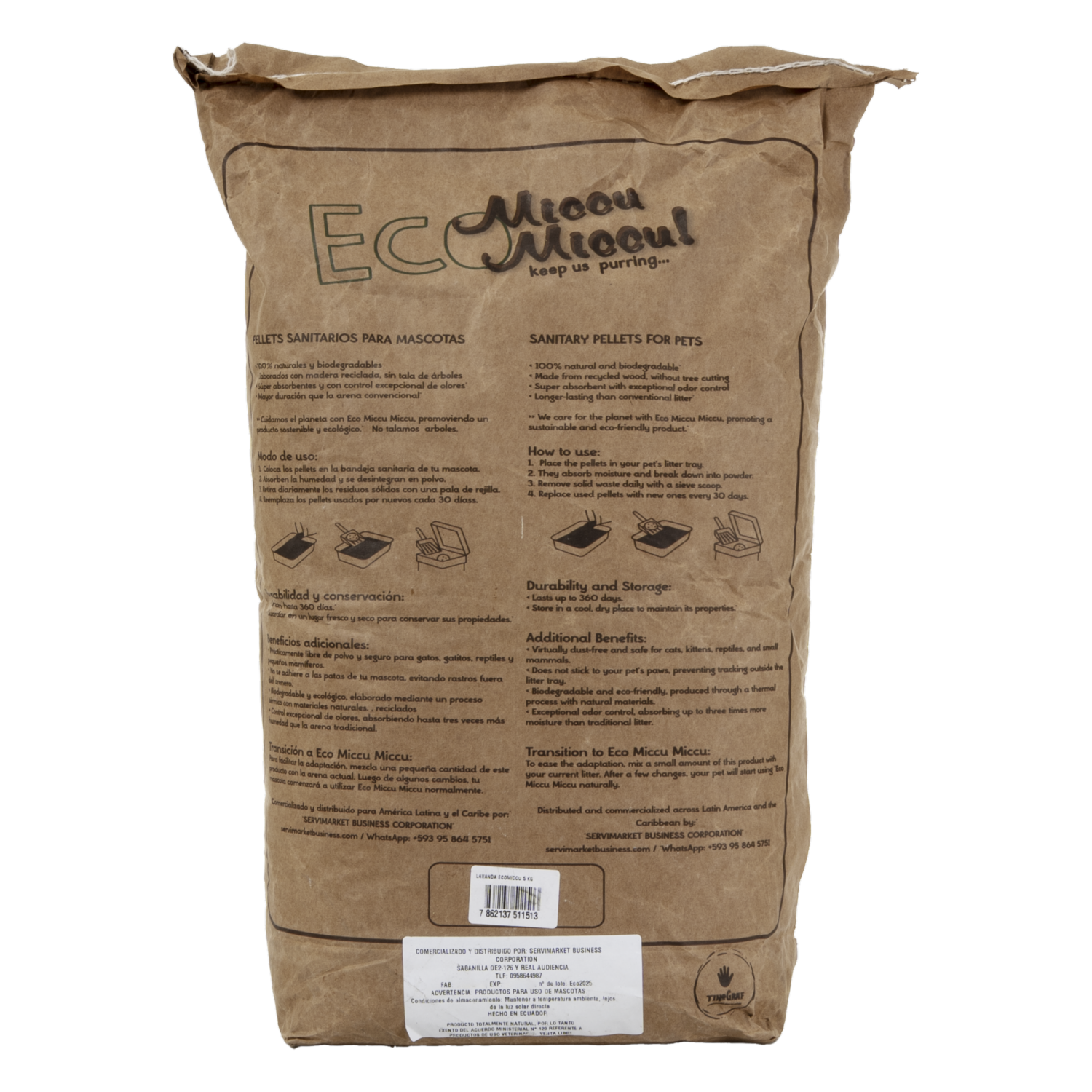 Arena De Gatos Biodegradable Lavanda MICCU 5 Kg