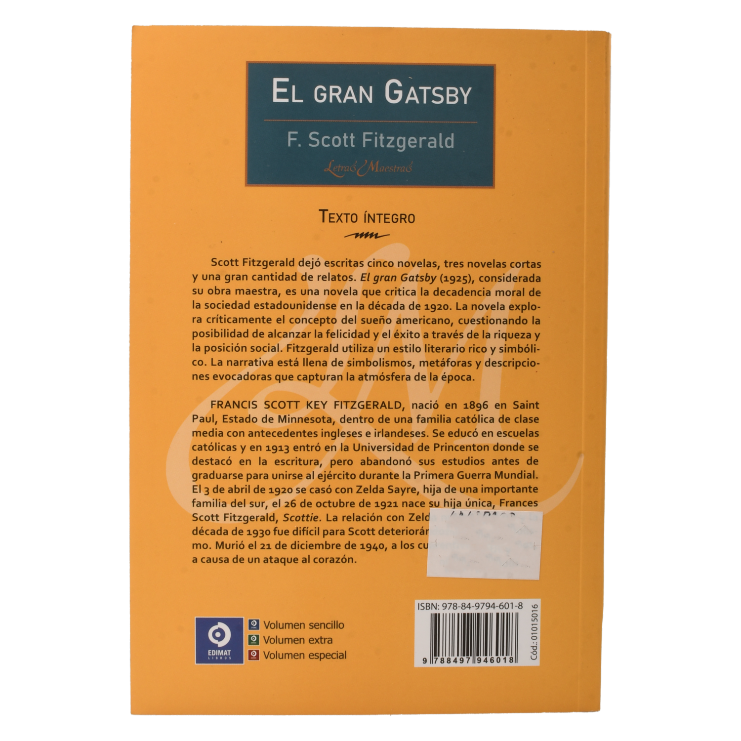 Libro Ei Gran Gatsby EDIMAT 159 Páginas