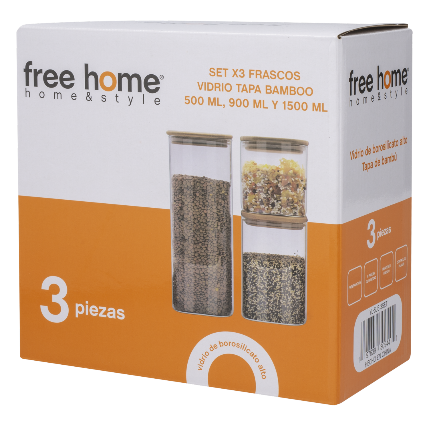 Set Frascos De Vidrio  Con Tapa Bamboo FREE HOME 3 Piezas