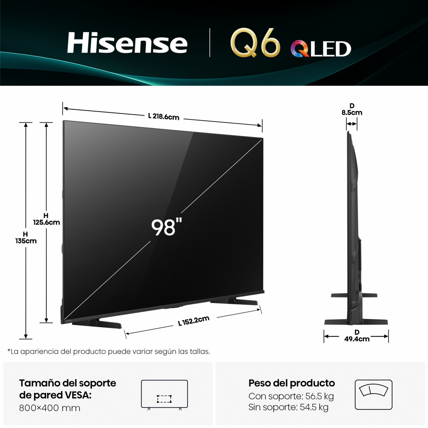 Tv Qled Premium 4K Uhd Smart Tv Modelo 98Q6QG HISENSE 98″
