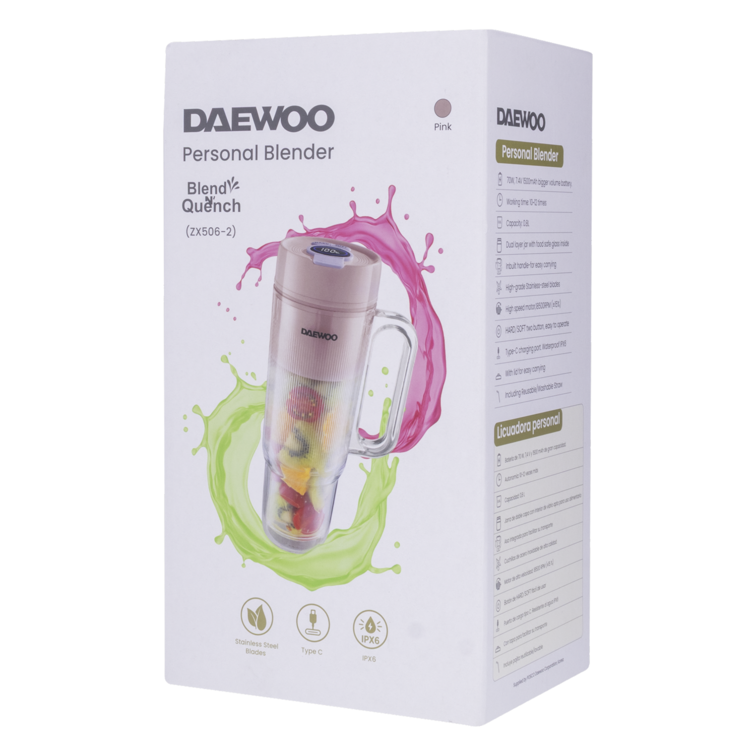 Licuadora Personal Usb Rosada DAEWOO 0,8 Litros 70 W