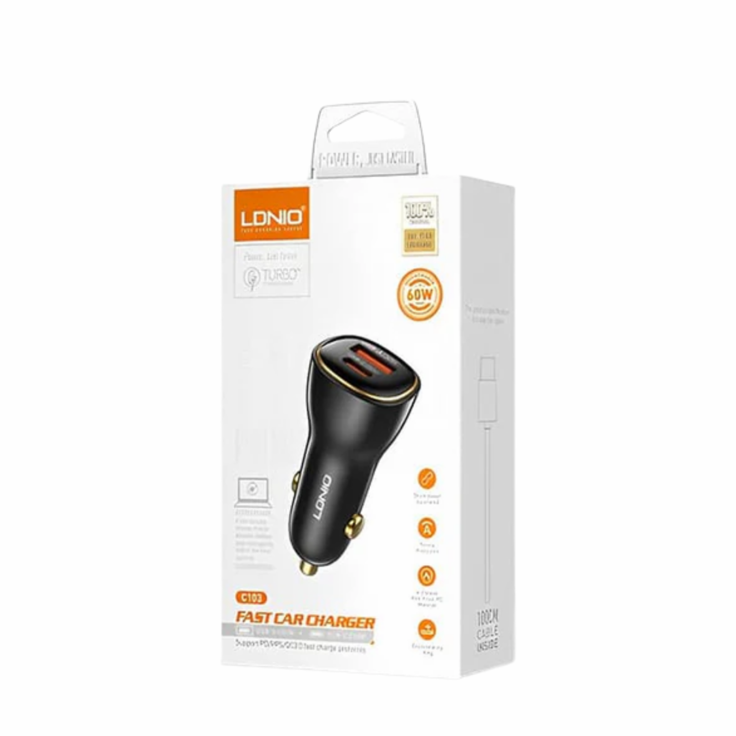 Cargador Para Auto Modelo C103 1PD + 1USB QC4.0 Con Cable Tipo C A Tipo C Negro LDNIO 60 W