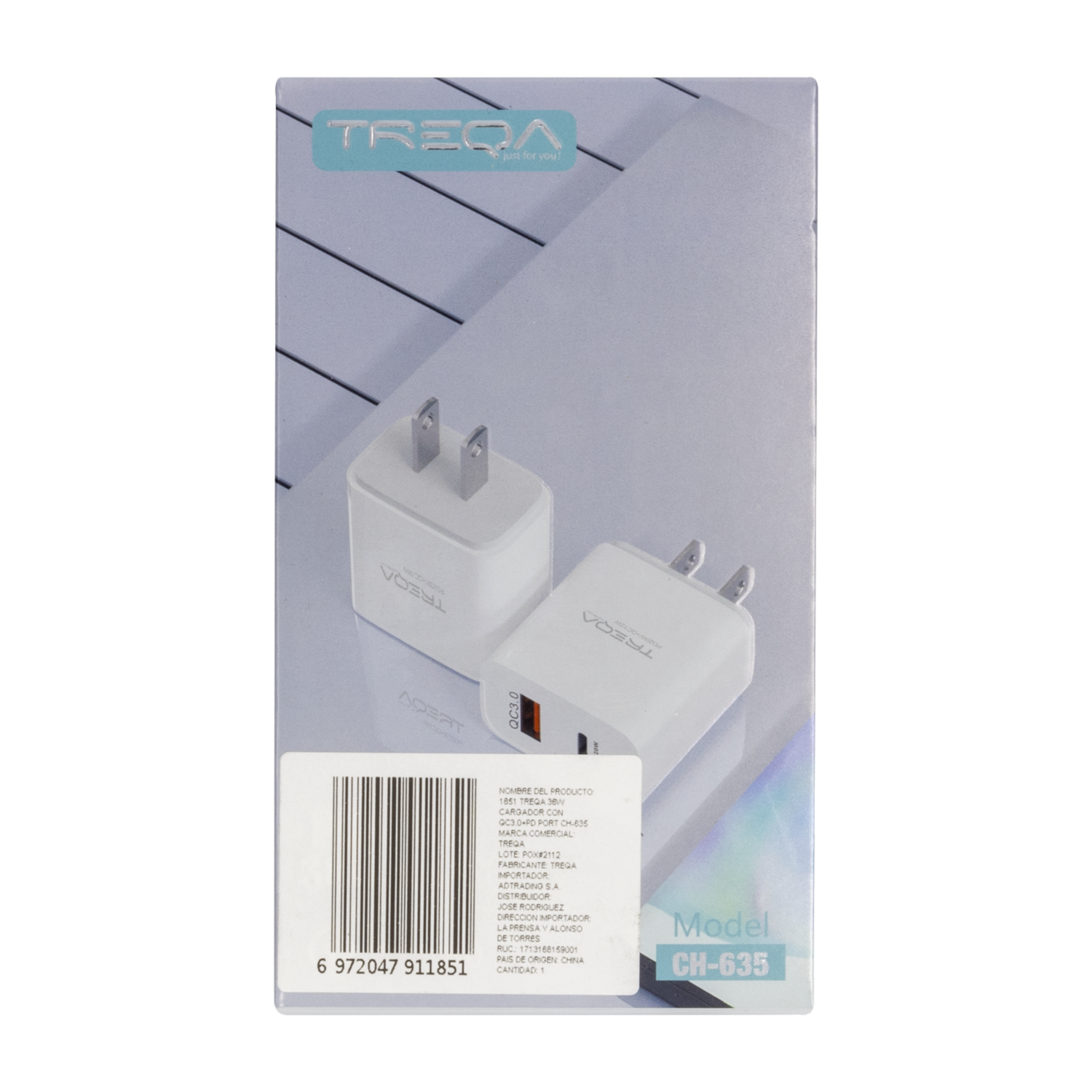 Cargador De Viaje Modelo CH-635 1PD + 1USB QC3.0 Carga Rápida TREQA 38 W