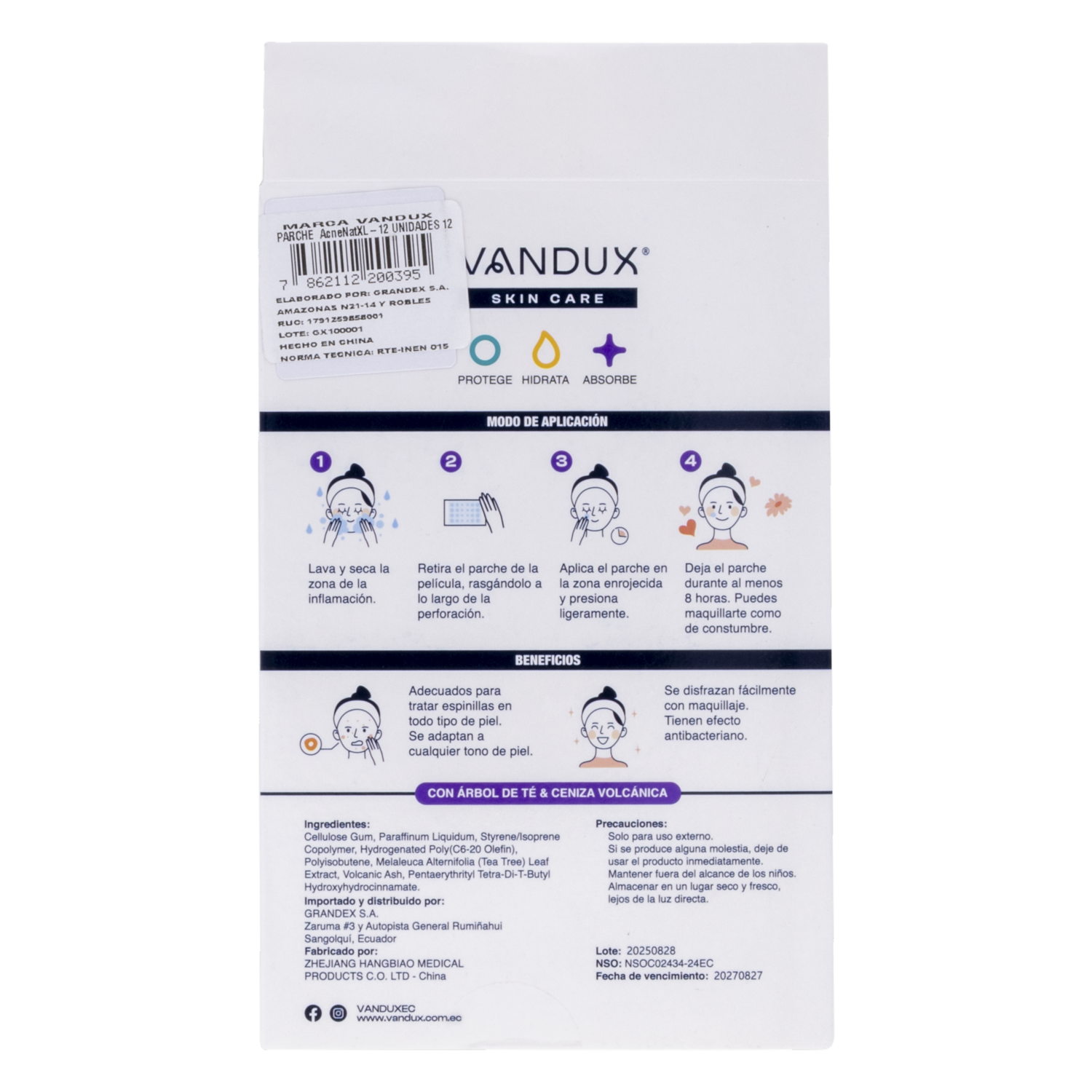 Parches Faciales Para Espinillas Skin Care XL Árbol De Te Y Ceniza Volcánica VANDUX X12 Uds