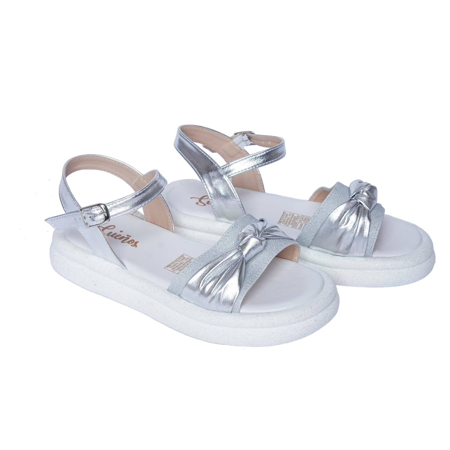 Sandalias Plateadas Con Correa Capellada Ancha Con Moño SUEÑOS Y MODA
