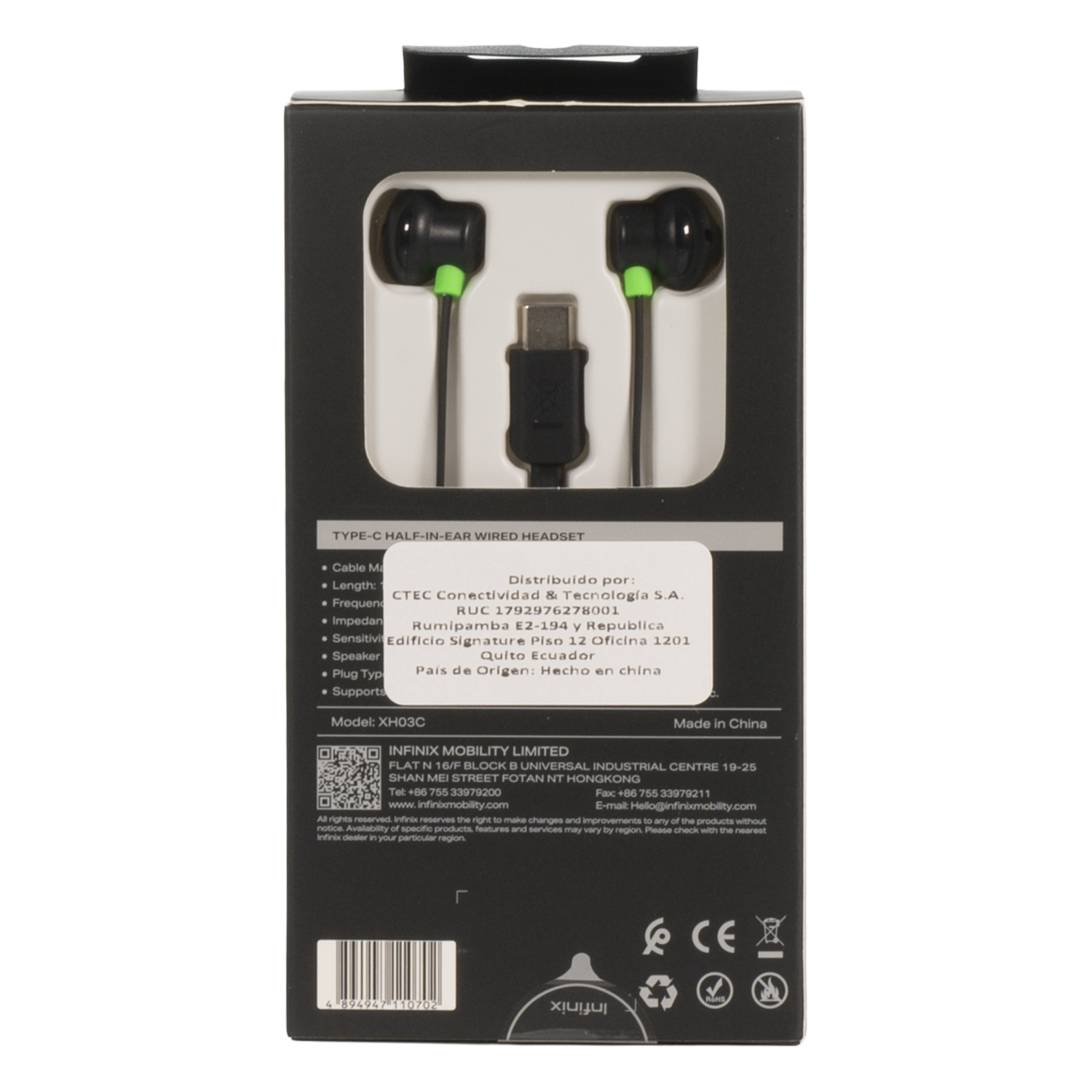 Audífonos Manos Libres Modelo Xh03C Tipo C Negro INFINIX Alámbricos