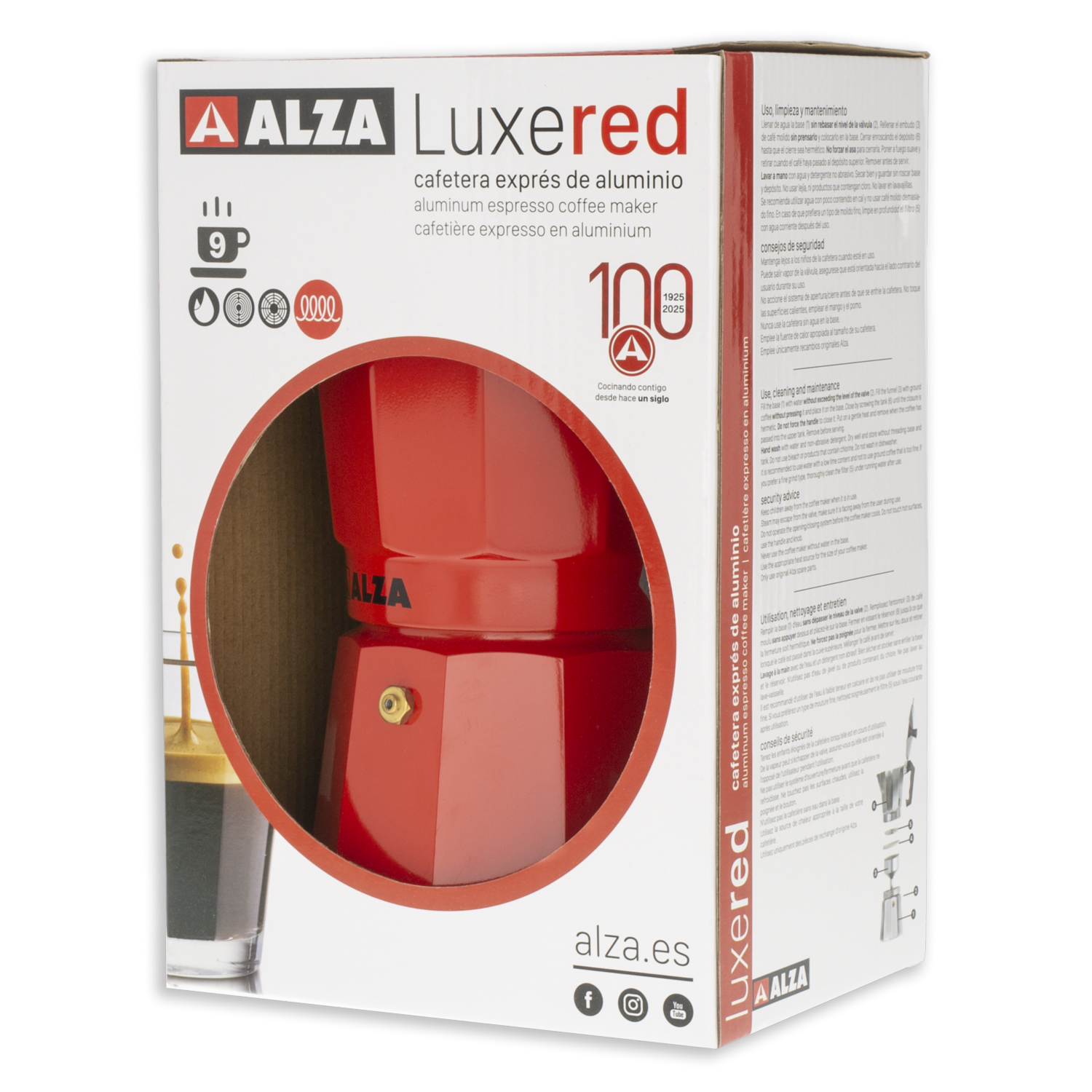 Cafetera De Inducción Italiana Luxe Roja 9 Tazas ALZA 9 Tazas